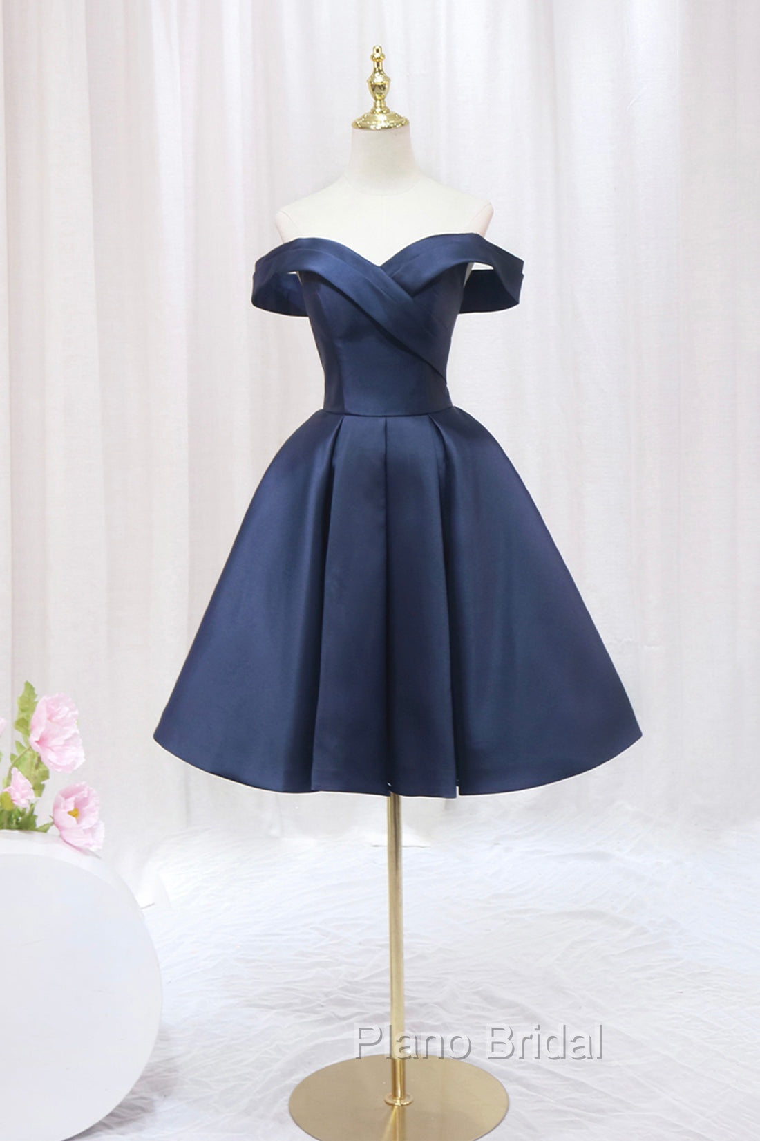 Blue Knee Length Satin Short Formal Prom Dresses, Off the Shoulder Blue Homecoming Dresses