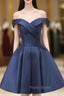 Blue Knee Length Satin Short Formal Prom Dresses, Off the Shoulder Blue Homecoming Dresses