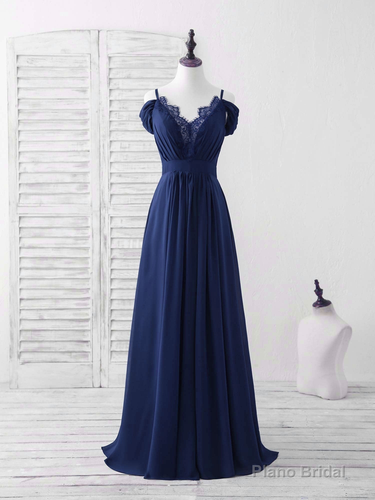 Blue Lace Chiffon Long Prom Dress Blue Bridesmaid Dress