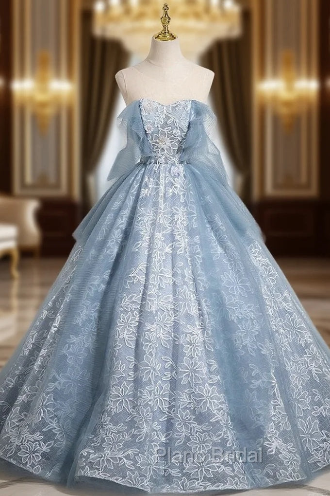 Blue Lace Flower Scoop Quinceanera Dresses