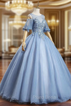 Blue Lace Long A-Line Ball Gown, Blue Formal Party Dresses