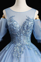 Blue Lace Long A-Line Ball Gown, Blue Formal Party Dresses