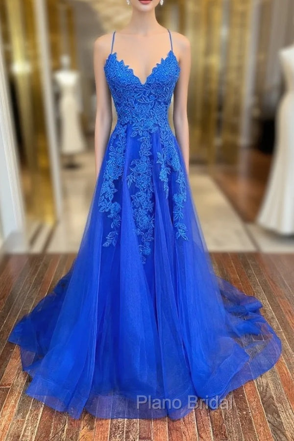 Blue Lace Long A-Line Formal Prom Dresses, Elegant V-Neck Formal Evening Dresses