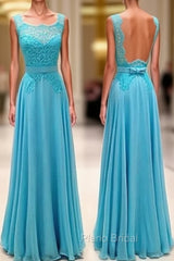 Blue Lace Long Formal Prom Dresses, Blue Evening Dresses For Teens