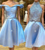 Blue lace satin short Formal Prom dress, blue homecoming dress