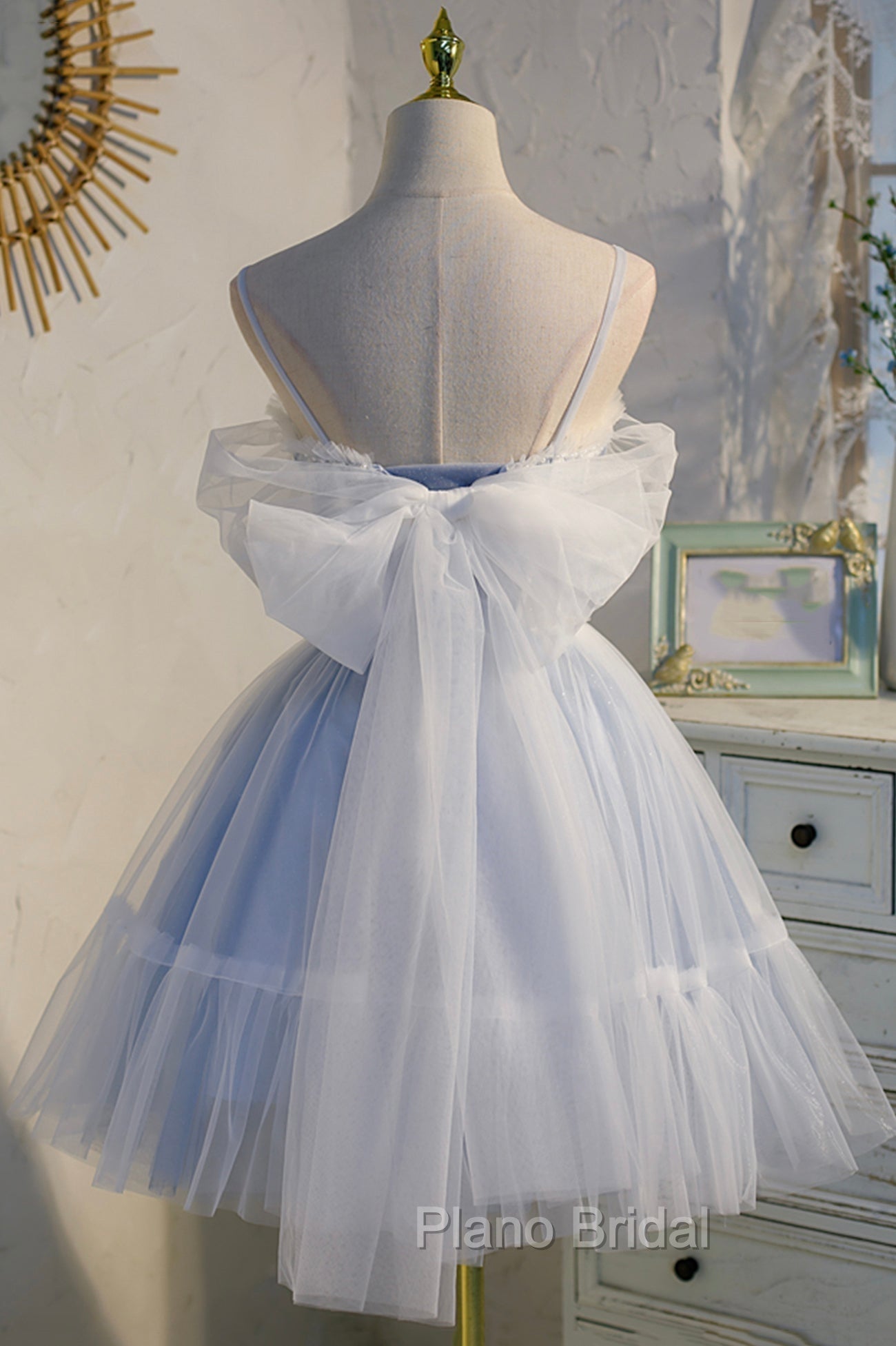 Blue Lace Short A-Line Formal Prom Dresses, Blue Spaghetti Straps Homecoming Party Dresses