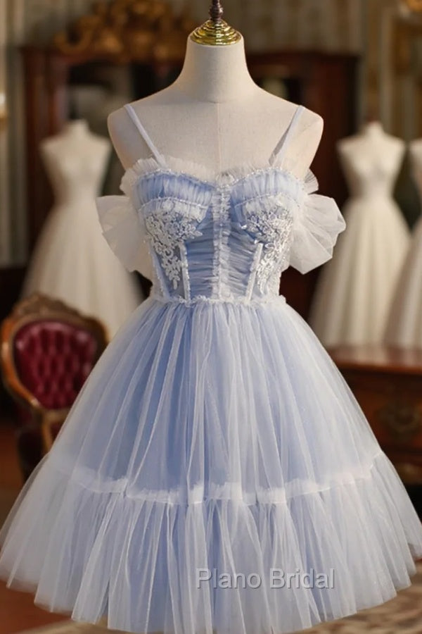 Blue Lace Short A-Line Formal Prom Dresses, Blue Spaghetti Straps Homecoming Party Dresses