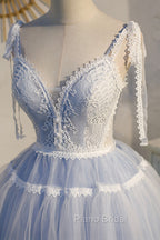 Blue Lace Short A-Line Formal Prom Dresses, Cute V-Neck Homecoming Party Dresses