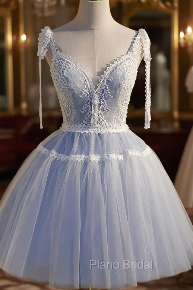 Blue Lace Short A-Line Formal Prom Dresses, Cute V-Neck Homecoming Party Dresses Main image