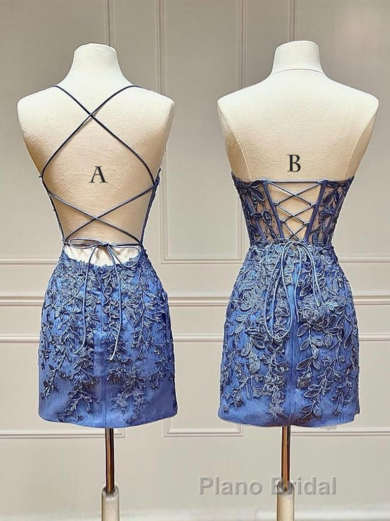 Blue Lace Short Formal Prom Dress, Blue Homecoming Dress Secondary image