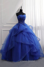 Blue Lace Strapless Ball Gown Formal Dresses, Blue Long Sweet 16 Dresses