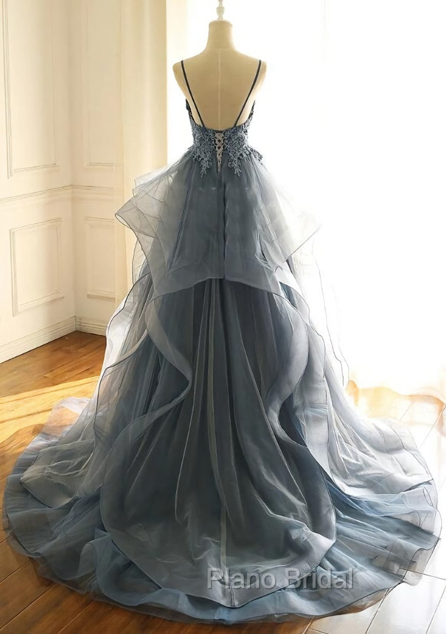 Blue Lace Top with Layers Tulle Formal Prom Dresses, New Straps Evening Gown Secondary image