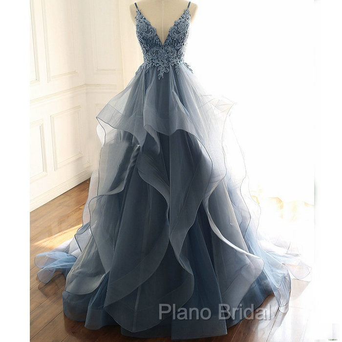 Blue Lace Top with Layers Tulle Formal Prom Dresses, New Straps Evening Gown