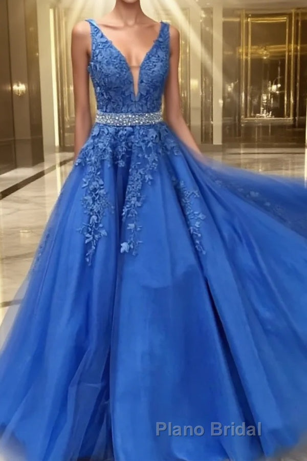 Blue lace tulle long Formal Prom dress, blue tulle lace evening dress Main image