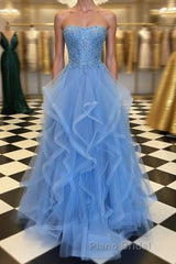 Blue Lace Tulle Long Formal Prom Dresses, Blue Lace Ball Gown, Blue Lace Formal Dresses, Evening Dresses