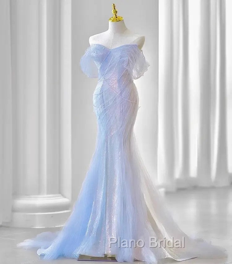 Blue Laser Sequin Beaded Mermaid Women Evening Dresses with Puff Sleeves Tassel Pearls Tulle Train Formal Prom Gown Secondary image