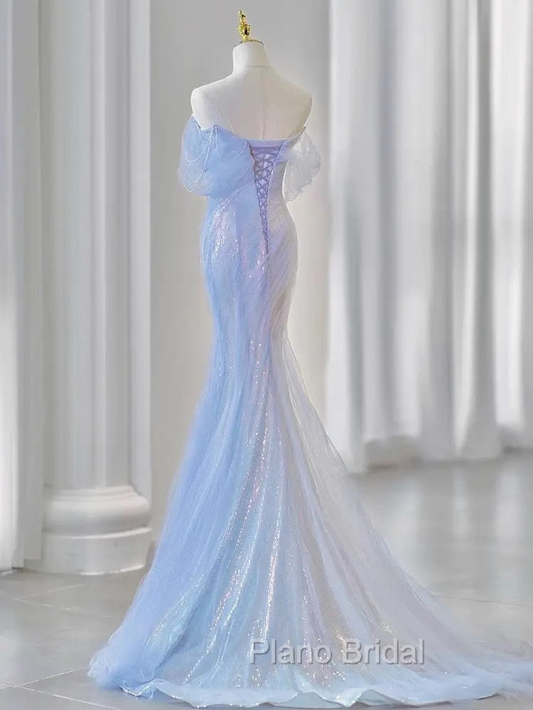 Blue Laser Sequin Beaded Mermaid Women Evening Dresses with Puff Sleeves Tassel Pearls Tulle Train Formal Prom Gown