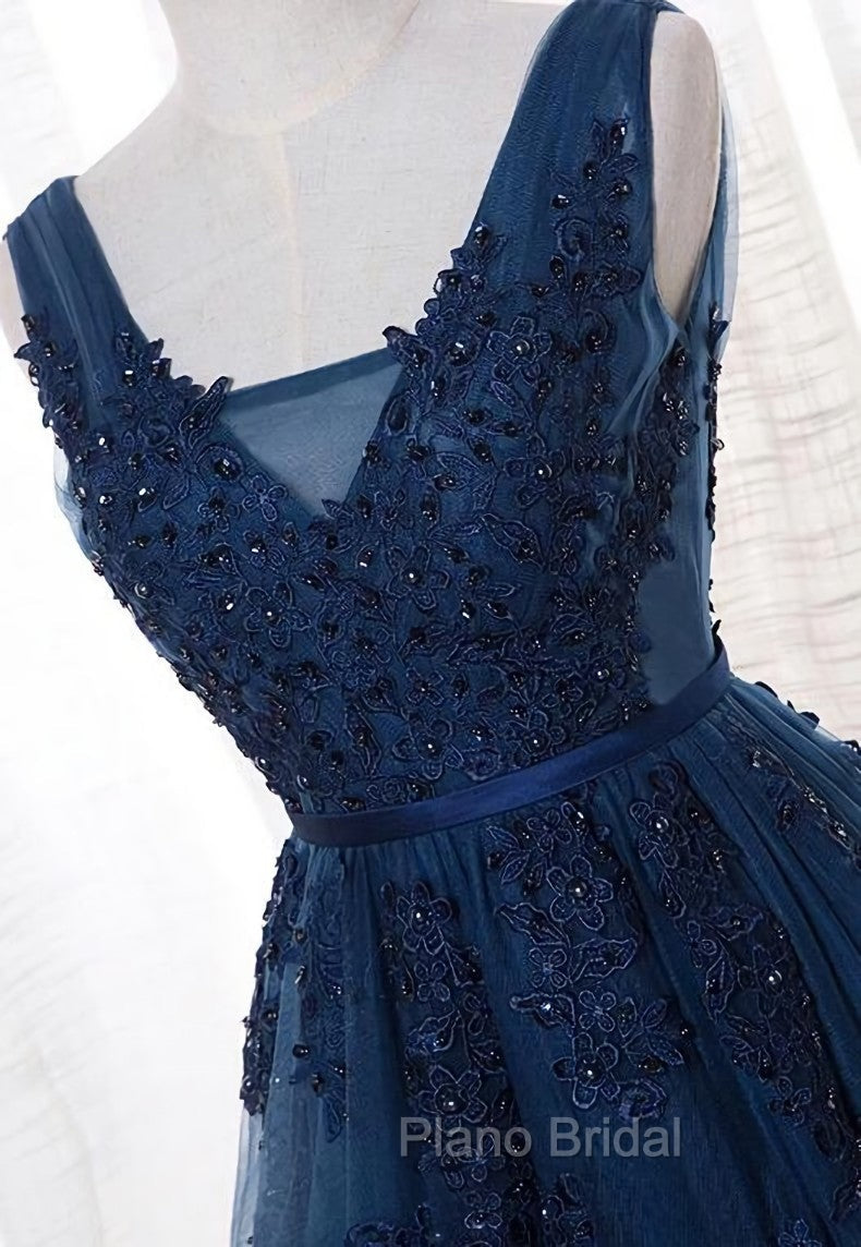 Blue Long A-line Bridesmaid Dresses, Dark Blue Tulle Party Dresses