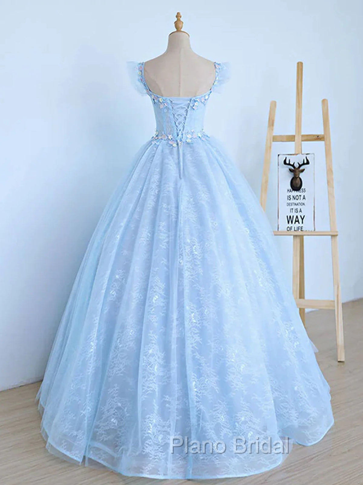 Blue Long Lace Floral Formal Prom Dresses, Long Blue Lace Formal Evening Dresses with Flowers Secondary image