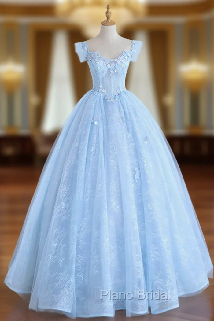 Blue Long Lace Floral Formal Prom Dresses, Long Blue Lace Formal Evening Dresses with Flowers Main image