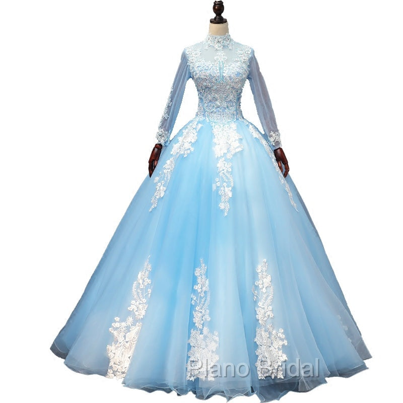 Blue Long Sleeves lace Tulle Sweet 16 Dresses, Light Blue Ball Gown Formal Dresses, Party Dresses Secondary image