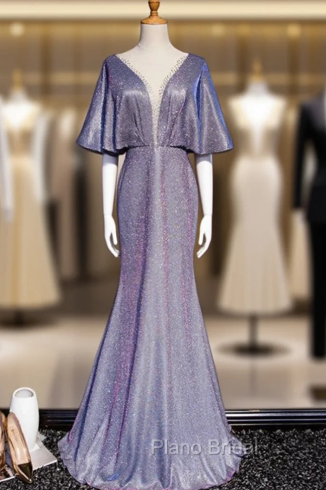 Blue Mermaid Bat Sleeve Beading Formal Prom Dresses Main image