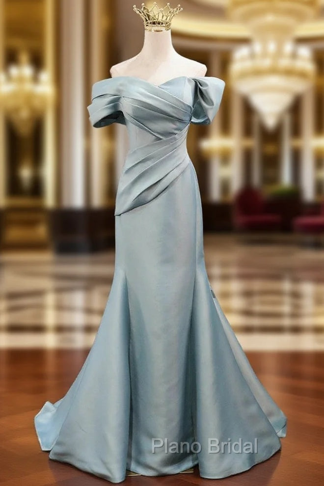 Blue Mermaid Satin Off the Shoulder Pleats Formal Prom Dresses