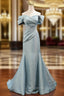 Blue Mermaid Satin Off the Shoulder Pleats Formal Prom Dresses