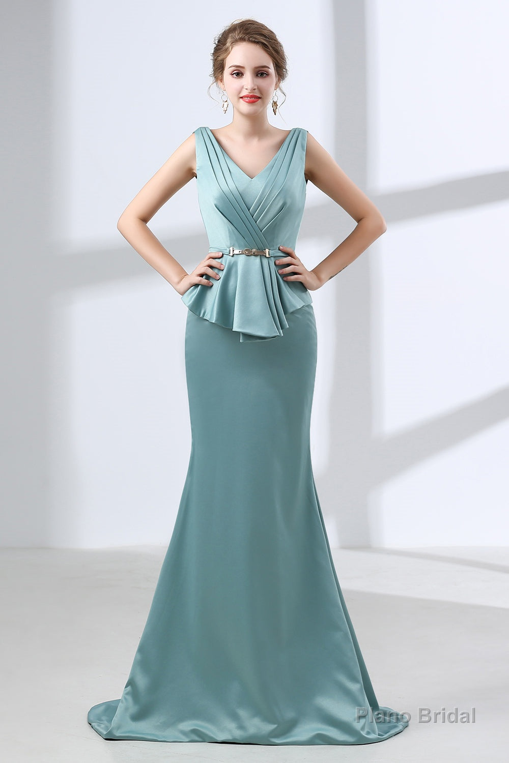 Blue Mermaid Satin V-neck Backless Prom Dresses With Sash Main image