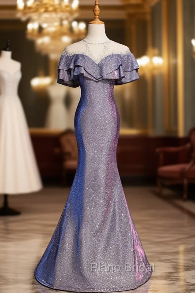 Blue Mermaid Scoop Short Sleeve Beading Formal Prom Dresses