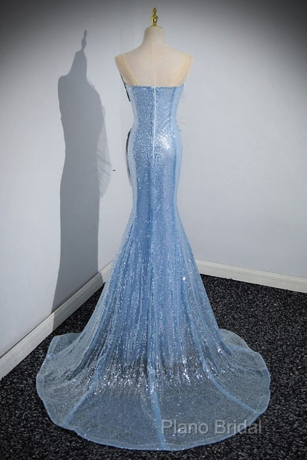 Blue Mermaid Sequin Sheer Straps Scalloped Long Formal Prom Dresses