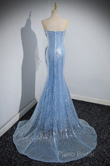 Blue Mermaid Sequin Sheer Straps Scalloped Long Formal Prom Dresses