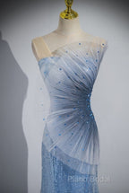 Blue Mermaid Sequin Sheer Straps Scalloped Long Formal Prom Dresses