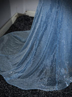 Blue Mermaid Sequin Sheer Straps Scalloped Long Formal Prom Dresses