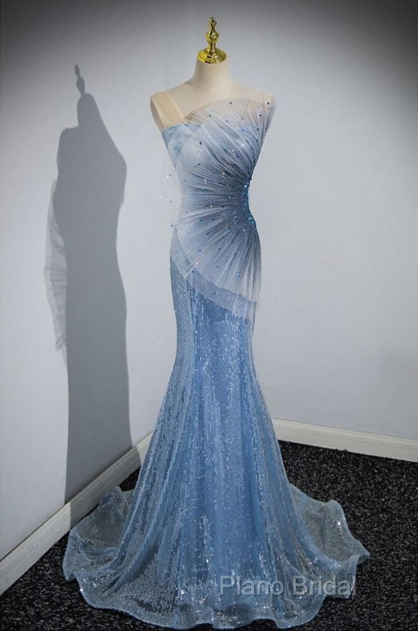Blue Mermaid Sequin Sheer Straps Scalloped Long Formal Prom Dresses