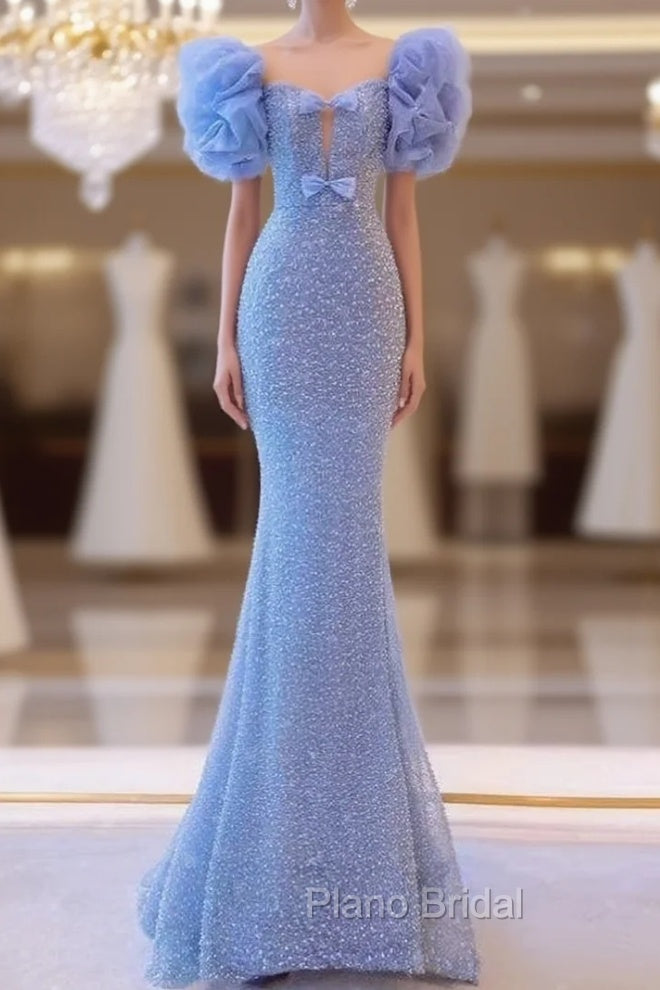 Blue Mermaid Sequins Bow Formal Prom Dresses