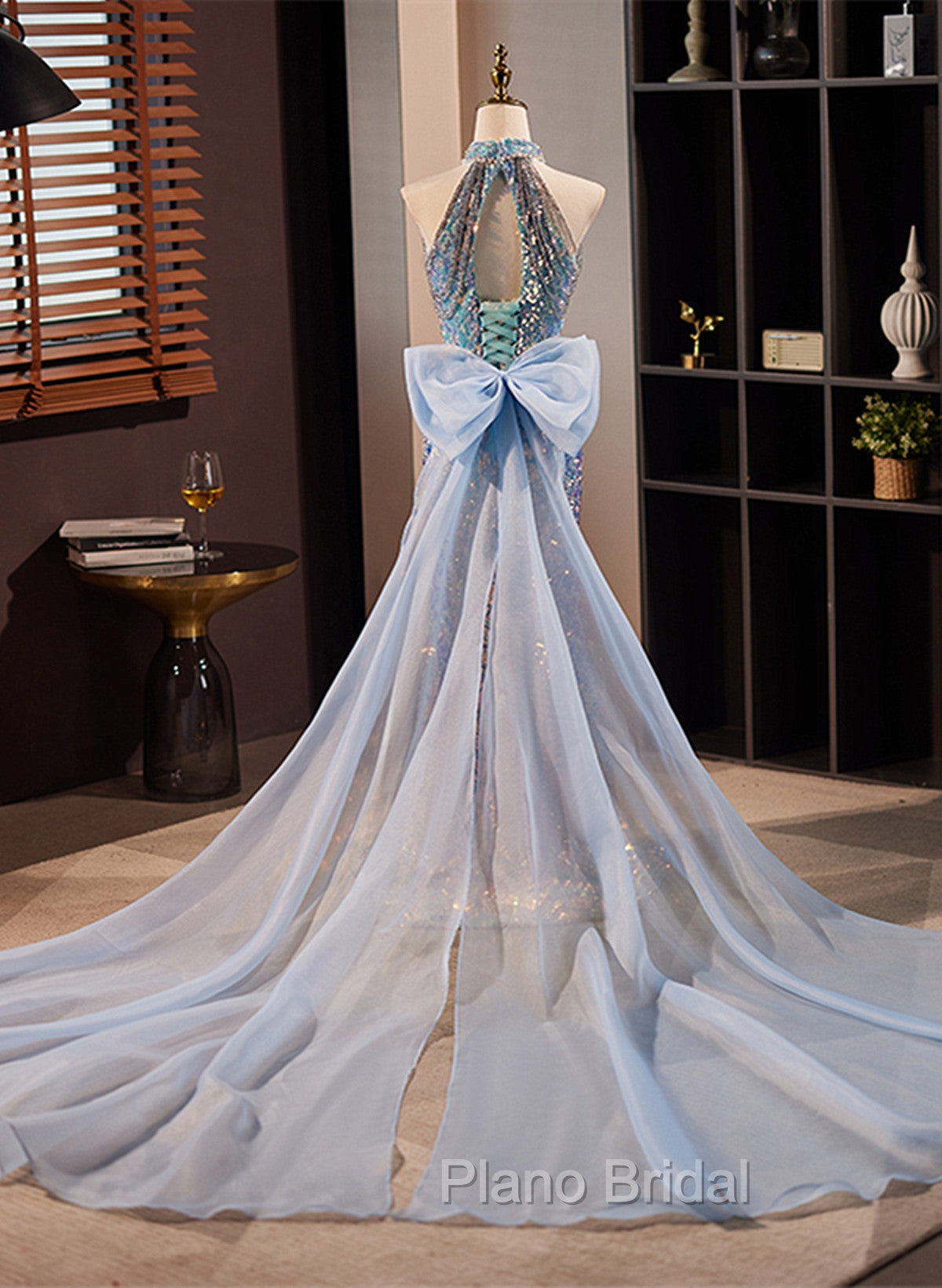 Blue Mermaid Sequins Halter Long Party Dresses with Bow, Blue Sequins Formal Prom Dresses Secondary image