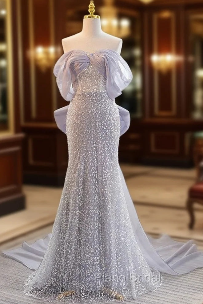 Blue Mermaid Sequins Off the Shoulder Formal Prom Dresses Main image