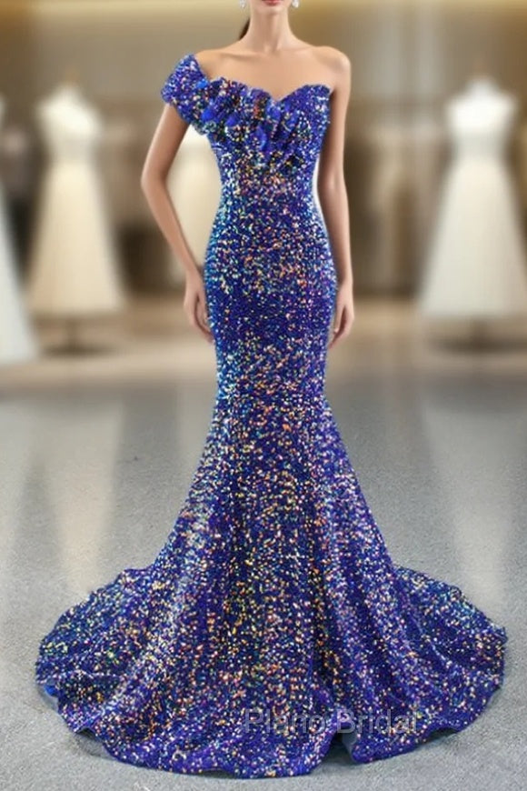Blue Mermaid Sequins One Shoulder Ruffles Formal Prom Dresses