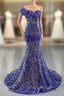 Blue Mermaid Sequins One Shoulder Ruffles Formal Prom Dresses