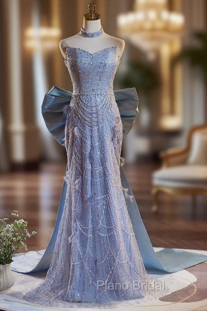 Blue Mermaid Sequins Pearls Formal Prom Dresses With Bow Main image