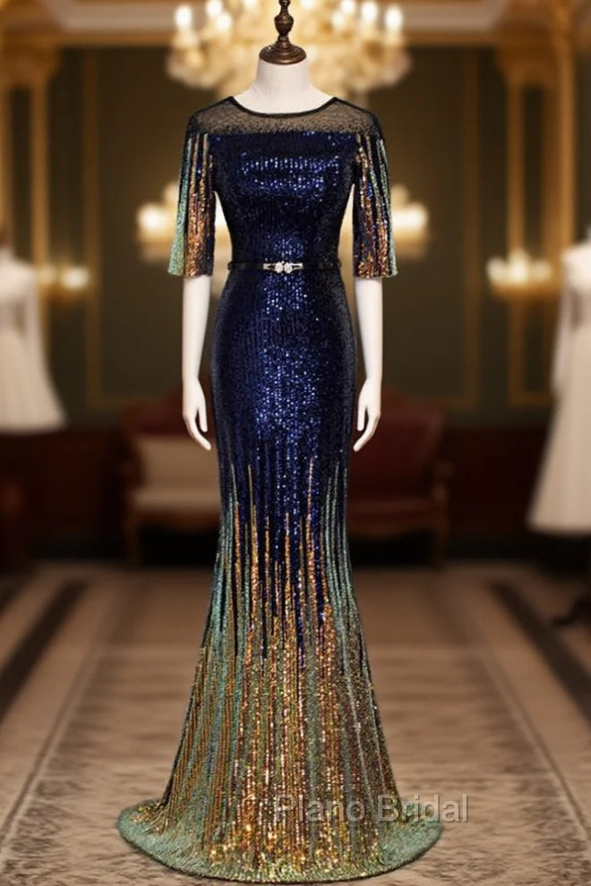 Blue Mermaid Sequins Short Sleeve Belt Formal Prom Dresses Main image