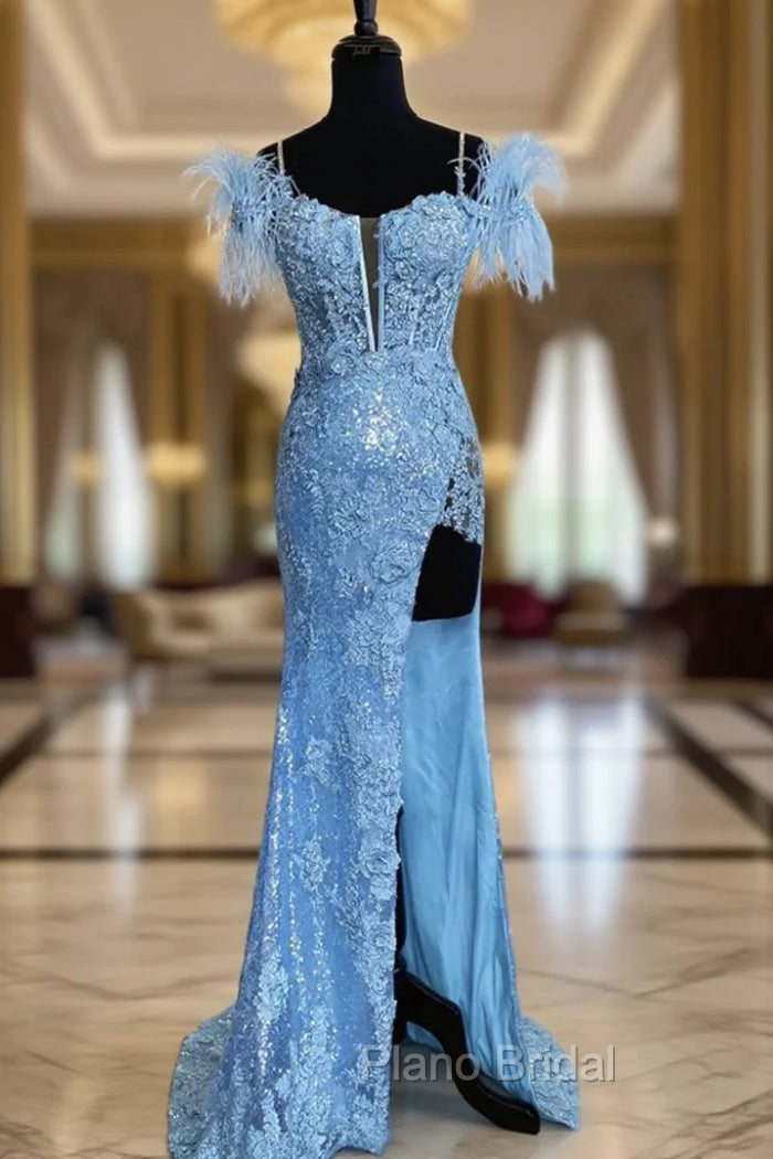 Blue Mermaid Sequins Spaghetti Straps Feather Formal Prom Dresses