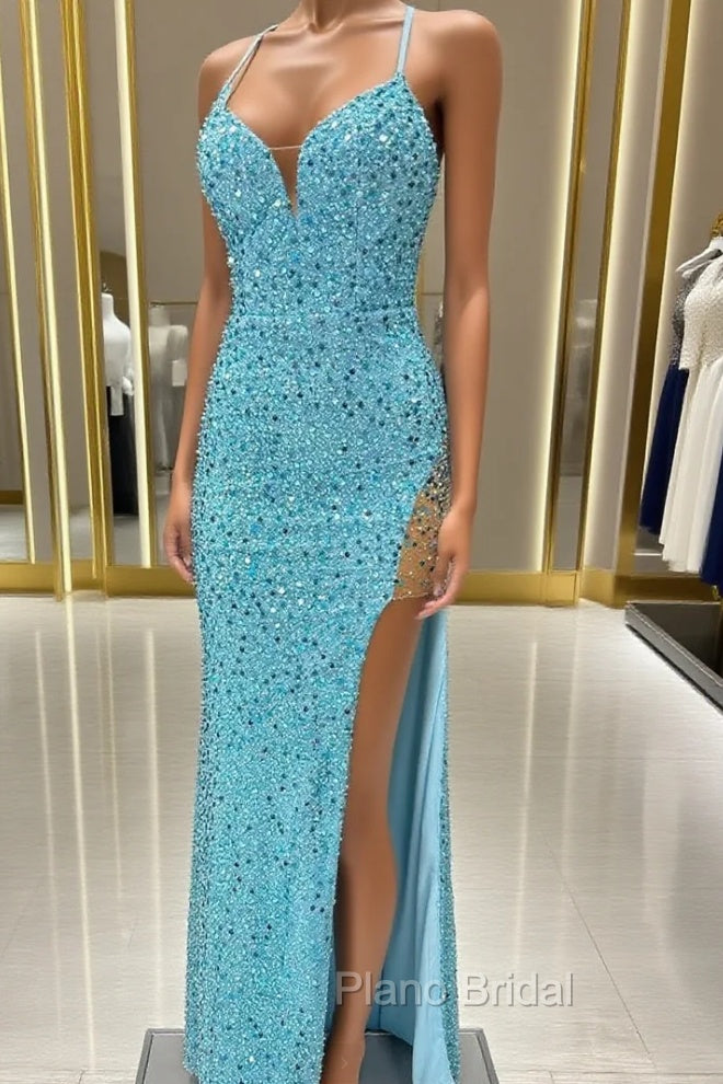 Blue Mermaid Sequins Split Formal Prom Dresses