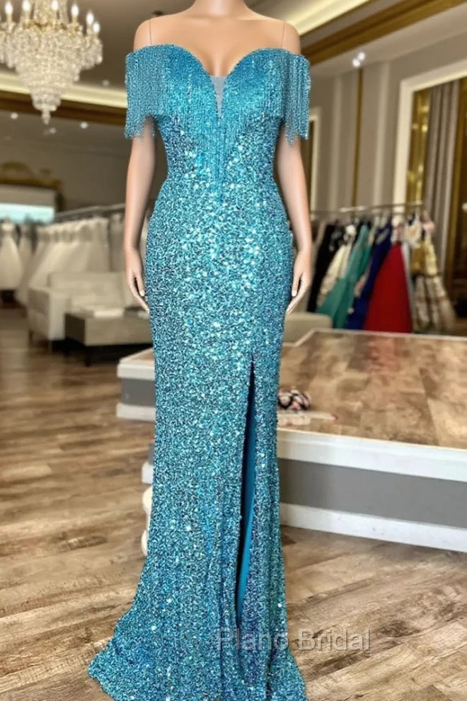 Blue Mermaid Sequins Straps Beading Split Formal Prom Dresses
