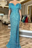 Blue Mermaid Sequins Straps Beading Split Formal Prom Dresses