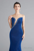 Mermaid Sheer Neck Beaded Sequins Satin Prom Dresses