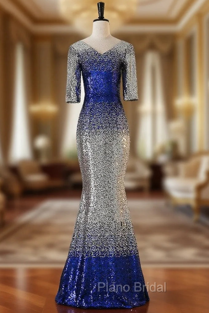 Blue Mermaid Short Sleeve Sequins Formal Prom Dresses Main image