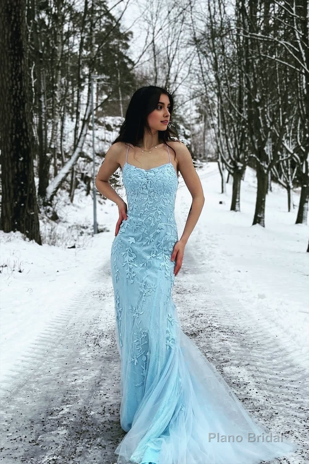 Blue Mermaid Spaghetti Straps Criss Cross Back Long Prom Dress Main image