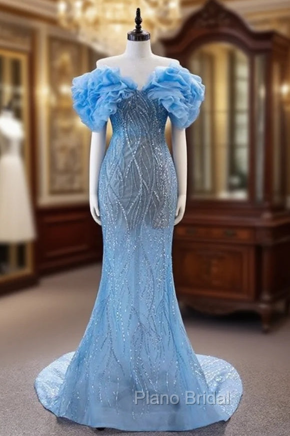 Blue Mermaid Tulle Sequins Off the Shoulder Formal Prom Dresses Main image